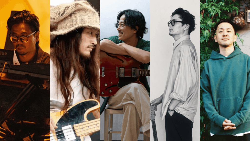 山内総一郎をサポートするジャックライオンスペシャルバンド
（左からコイチ、砂山淳一、TAKU（韻シスト）、桑田健吾、ニコ）